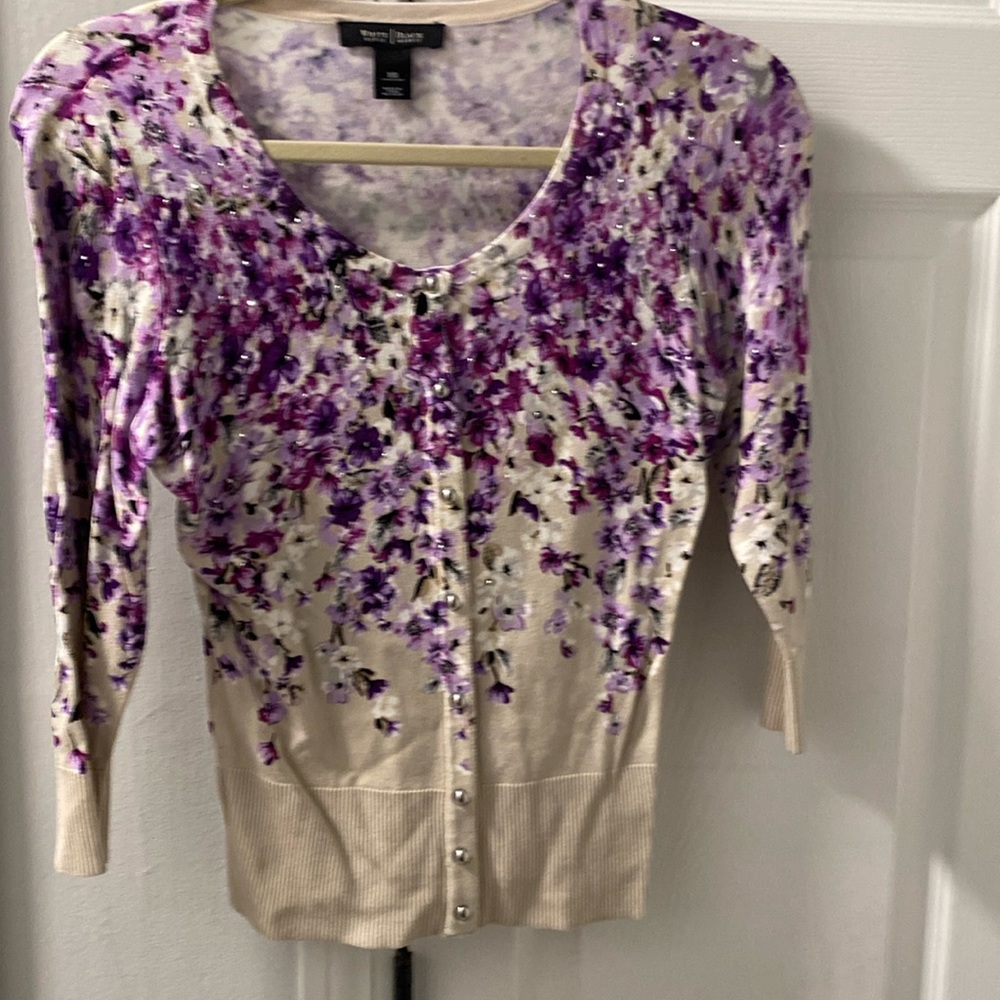 White House black market, floral, purple cardigan